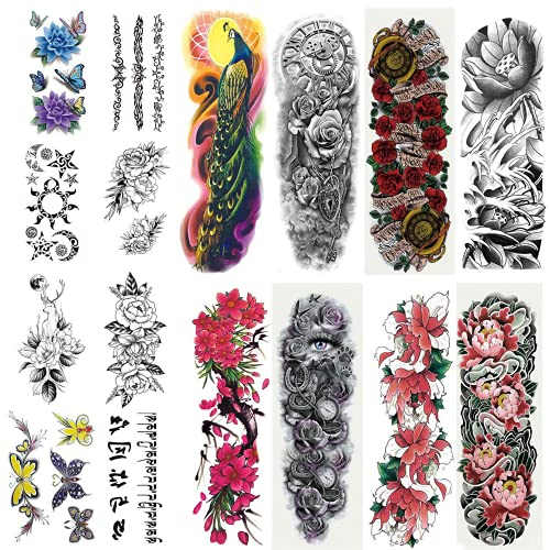Aresvns Temporäre Tattoo Blume für Frauen 16 Blätter, Realistische FakeTattoos, bunte Ärmel Tattoo Wasserdicht und Langlebiges,Tattoo am ganzen Arm/halber Arm für Erwachsene