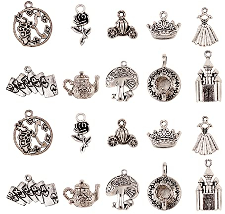 KitBeads 100pcs Antique Silver Fairy Tale Charms Alloy Rose Castle Clock Teapot Wonderland Charms for Jewellery Making Bulk