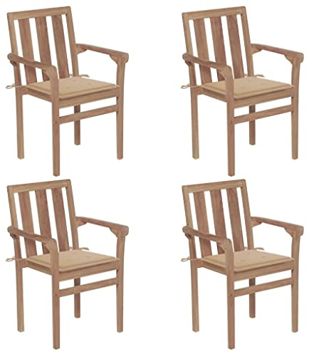 Rillbus Gartenstühle 4er Set Holzstühle, Stapelbar, Stapelstuhl mit Sitzkissen in Beige, Balkonmöbel Terrassenmöbel Relaxsessel, Massivholz Teak 58x50x89cm