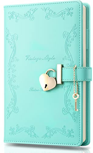 Diary with Lock and Key for Girls, 192 Pages Vintage Leather Heart Shaped Locking Journal Notebook, A5 Cute Locked Secret Diaries for Women (Green)