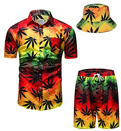 TUNEVUSE Herren Hawaiihemd und Shorts Set, 2-teiliges tropisches Set, Blumen Bedruckte Knopf Strand Set mit Hut Orange Groß