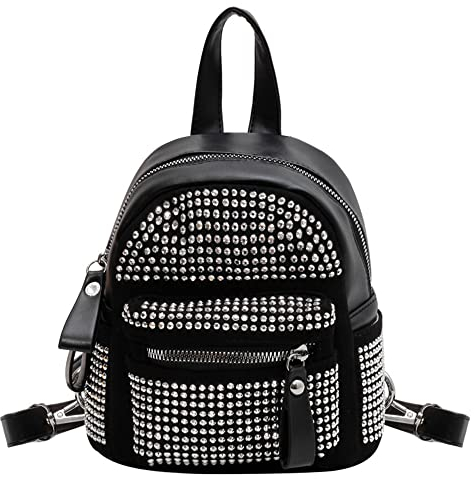Hyuyikuwol Lässiger Mini-Rucksack mit Strasssteinen, Gothic-Design, Geldbörse, Nieten, Kunstleder, kleine Reise für Damen, A-Silber, Einheitsgröße