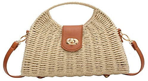 Summer Straw Bag for Women Straw Hand-woven Top-handle Handbag Crossbody Tote Clutch Bags for Travel, Beige, M