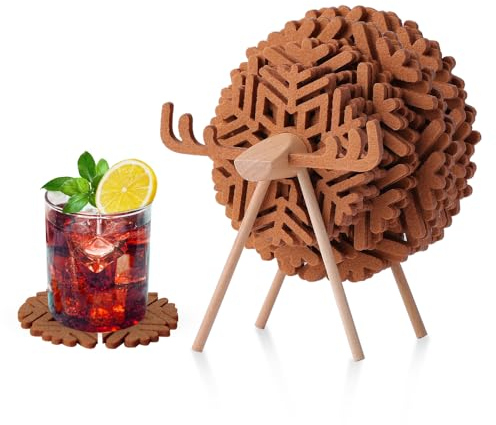 Riisoyu 12 Stück Schneeflocken Glasuntersetzer, Filz Untersetzer Gläser Elch Glasuntersetzer mit Schaf-förmiger Holzhalterung für Tisch Deko Weihnachten Geschenke Winter Küche Getränke Glas, Braun