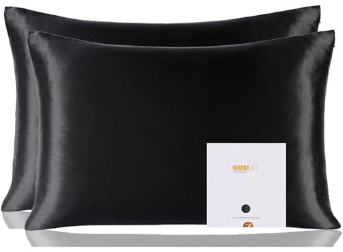 ZIMASILK 100% Mulberry Silk Pillowcase for hair and skin, 50x75 cm, Black | Both Sides 19 Momme Premium Grade 6A Silk, Soft & Smooth, 600 Thread Count, Hidden Zipper, Gift for Women Men，2pcs