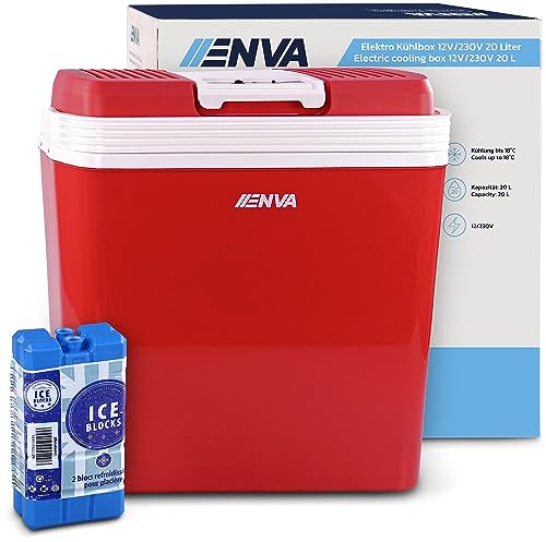 ENVA Elektro Kühlbox 12V/230V 20 Liter + 2X Kühlakku 200g Trenngitter & Tragegriff für Camping, Auto, Angeln elektrischer Mini Kühlschrank tragbar für unterwegs Kühlen bis 18° & Warmhalten bis 50°