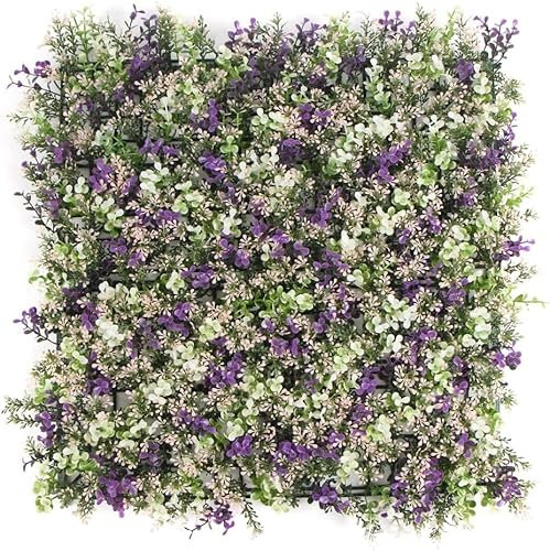HYGRAD® 12 x Artificial Boxwood Topiary Green Artifical Grass Screen Fencing Hedge Panels 50 x 50 UK Artificial Wall Decoration Panels (Pack of 12) (Green & Purple)