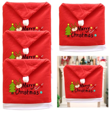 Tiuxiu 4 Stück Weihnachtsstuhlbezug, Stuhlhussen Weihnachten Samt Stuhl-Abdeckung für Weihnachten Red Dinner Table Party Dekoration