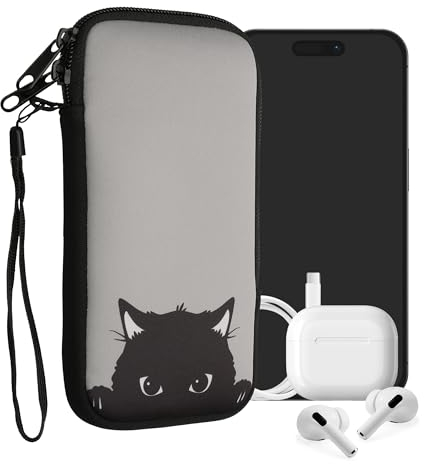 kwmobile Handytasche für Smartphones XL - 6,7/6,8 - Neopren Handy Tasche Hülle Cover Case Schutzhülle - Neugierige Katze Grau Schwarz - 17,2 x 8,4 cm Innenmaße
