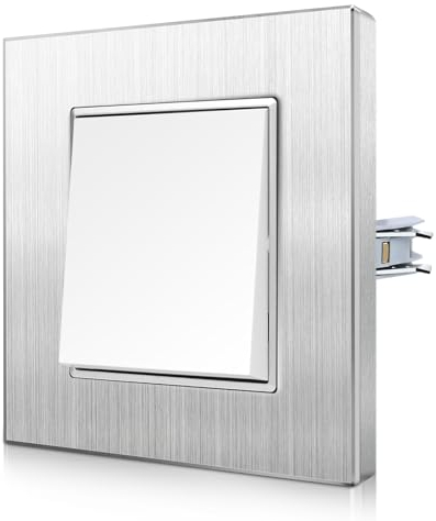 CNBINGO Interrupteur à bascule en aluminium avec griffes de serrage - Interrupteur d'éclairage encastré avec cadre en aluminium - Résistant aux rayures - Argenté - Interrupteur mural 1 compartiment 2