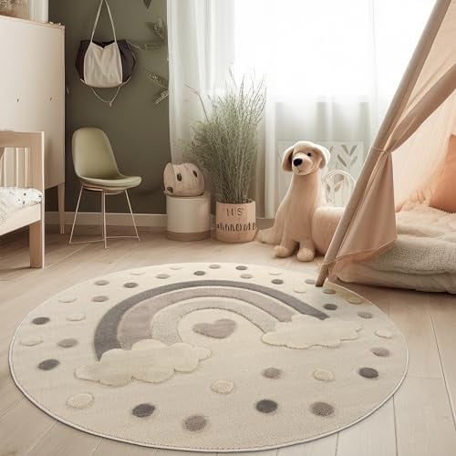 Paco Home Teppich Kinderzimmer Kinderteppich Spielteppich Krabbelteppich Kurzflor Motiv Sonne 3D Effekt Weich Moderne Deko, Grösse:120 cm Rund, Farbe:Creme