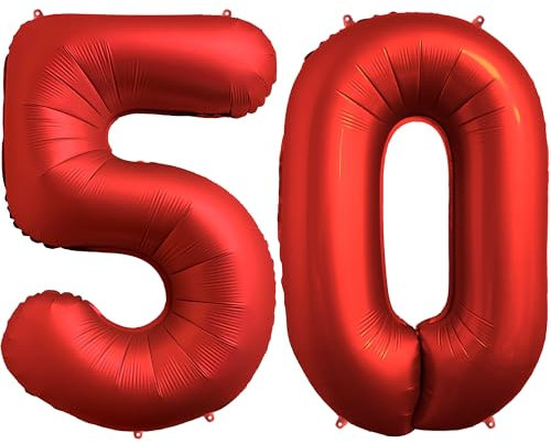 FUNFEST Luftballons zum 50. Geburtstag, Farbe Chromrot, 100 cm – Geburtstagsballon-Dekoration – inklusive XL-Ballon zum 50. Geburtstag und Strohhalm – fliegen mit Helium – Ballon in Premium-Qualität