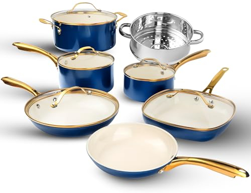 Gotham Steel Juego de 12 ollas y sartenes de cerámica antiadherentes, juego de utensilios de cocina, juego de ollas y sartenes, juego de utensilios de cocina de cerámica, juego de utensilios de cocina