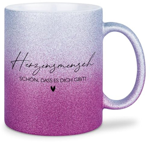 glitzertassen.de® | Herzensmensch - Schön, dass es dich gibt | Tasse mit Glitzer | Geschenkidee | Muttertag | Mama | Kaffeebecher | Keramik | 330 ml | Silberviolett