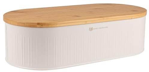KARL HAUSMANN Panera Bambú con Tabla de Cortar Blanco 43.5 cm | Panera de acero con tapa de bambú 2 en 1 como tabla de cortar, ventilación y ancho grande de 43.5 cm