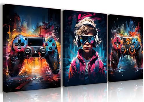 QGNBGBJ Framed Gaming Posters Color Graffiti Gamepad Wall Decor Gamer Earphone Canvas Wall Art Video Game Pictures Prints for Teen Boys Children Youth Game Room Painting Artwork(12x16in)