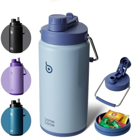 BOTTLE BOTTLE Insulated 64 oz Blue Stainless Steel Water Bottle with Straw, Dual-use Lid, Vacuum Insulated, Half Gallon Water Jug, Sports Insulated Beer Growler with Handle and Pills Holder