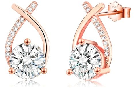 Rose Gold Stud Earrings for Women, 925 Sterling Silver Stud Cubic Zirconia Studs, Dainty Hypoallergenic Gold Earrings for Women Men Girls