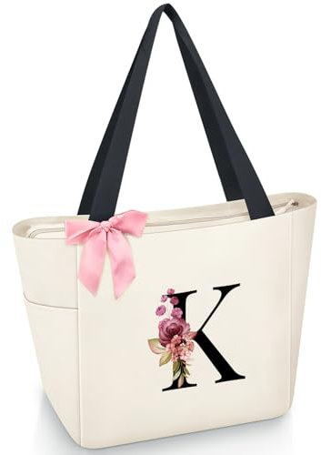 Vavabox Handtasche Damen A-Z Reißverschluss Schultertasche, Geschenke für Damen,Bräute und Brautjungfern, Arbeit,Reisen,Einkaufen,Schule (K, Beige)