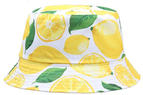 Gcroet Unisex süßer Zitronenmuster Eimer Hüte lustige Reversibler Fischermütze im Freien für Casual Travel Beach Weiß