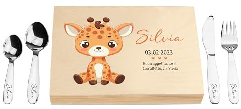 LAUBLUST Posate per bambini con stampa del nome e scatola regalo in legno personalizzata | 4 pezzi - Posate in acciaio inox | Regalo personalizzato per ragazzi e ragazze (Giraffa)