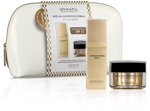 Atashi | Ritual Juventud Eterna | Sérum Antiedad L’Essenza Eterna + Crema Hidratante Redensificante SPF 15 + Neceser de Charol Blanco de Regalo | Rejuvenece y Protege tu Piel | 30 ml + 50 ml