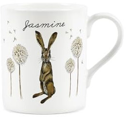 Custom Hares & Dandelions Mug - Personalised Wildlife Art Gifts by Rhiannon Chauncey - Bone China White Coffee/Tea Cup Present