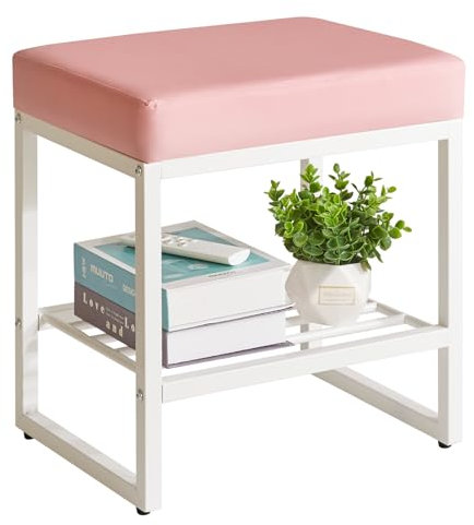 Aibiju Pink Dressing Table Chair, Footrest Stool with Adjustable Feet, PU Seat Vanity Stool, Small Side Table with Storage Space for Bedroom Living Room, Pink with White Metal YD-JD150P