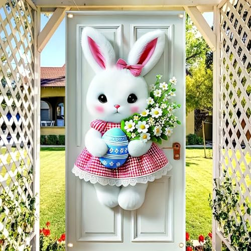 Oster-Türabdeckung, Oster-Hintergrundabdeckung, Osterhasen-Ei, Banner, hängende Türdekorationen für Zuhause, Urlaub, Partyzubehör (weiß, 180 x 90 cm)