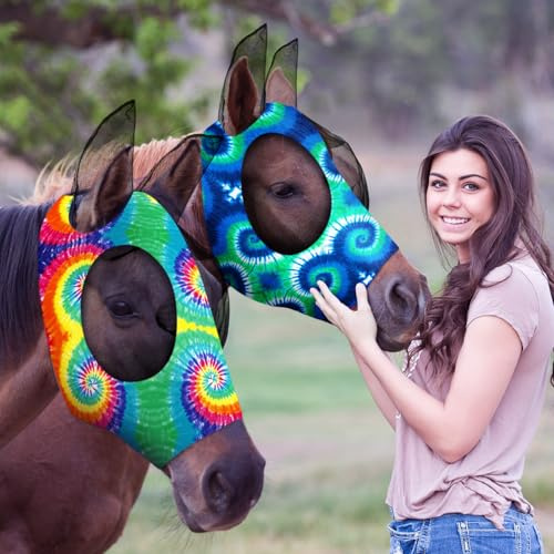 Hestya 2 Pieces Horse Fly Masks for Horses Soft Fly Masks for Horses with Ears Smooth and Elasticity Fly Mask with UV Protection(Tie-dye Pattern,L)
