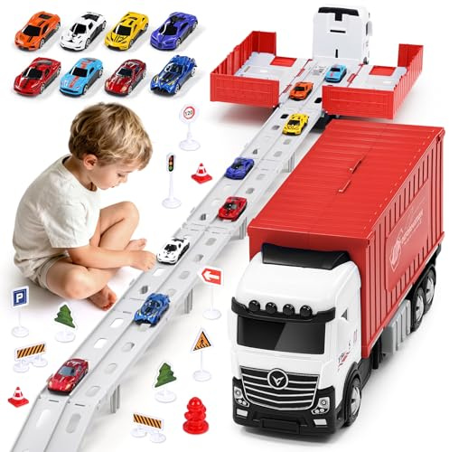Transport Truck Toy Cars for Boys Aged 3, 4, 5, 6 Years, Portable Racing Track Truck Toy Car with 8 Racing Cars, Transporter Vehicle Toy Set for Children (Rosso)