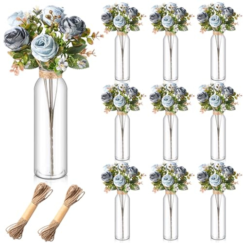 Glitinsel Kunstblumen, Tischdekoration mit Vase, künstliches Hochzeitsblumenarrangement, staubblaue Rose mit Einmachgläsern, künstliche Pflanze für Büro, Zuhause, Küche, Tisch, Hochzeit, Teeparty