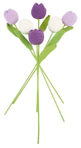 CABODYALS 6 pz. Fiori di Tulipani Viola All'Uncinetto, Graziosi Bouquet di Tulipani Lavorati A Maglia In Peluche, Piante Artificiali, Fiori Fatti A Mano, per Lavori Artigianali Da Donna, Regali di Lau