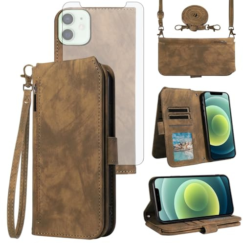 Asuwish Phone Case for iPhone 12 Pro iPhone12 6.1 Wallet Cell Cover with Tempered Glass Screen Protector Crossbody Lanyard Strap Flip Credit Card Holder Slot iPhone12pro 5G i 12s 12pro Women Men Brown