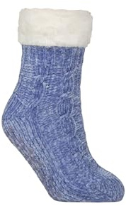 SockShop Womens Faux Fur Lined Chenille Slipper Socks – 1 Pair Thermal Cable Knit with Grips, Plush Indoor Footwear for Cold Weather, Lounge Comfort, UK Size 4-8 Mineral Blue
