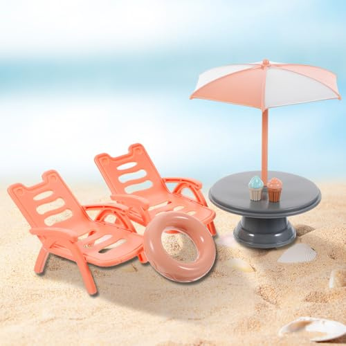 Hemobllo Miniature Beach Scene Set - Dollhouse Furniture with Sun Umbrella, Lounge Chairs, Table & Life Buoy - Nautical Decor for DIY Crafts, Cake Toppers, Kids Pretend Play