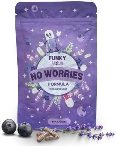 Overthinking & Stress Support Capsules | Ashwagandha, L-Theanine, B Vitamins | Calm Focus Formula | Vegan UK Made | 60 Capsules | Funky Vits - No Worries Formula