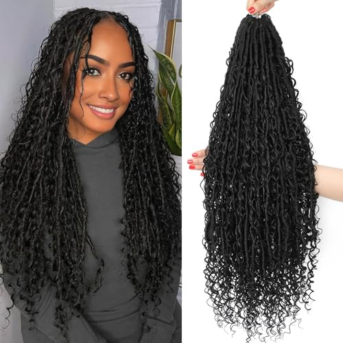 9 Packs Boho Faux Locs Crochet Hair 18 Inch Boho Soft Locs With Curly Ends Bohemian Goddess Hair Extensions For Black Women (1B#-Natural Black, 18 Inch (Pack of 9))