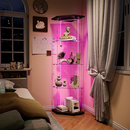 BPKADHY Eckvitrine Glasvitrine mit led Beleuchtung,Modern Glasvitrine Stehend Vitrinenschrank für Sammlerstücke Bücher Wein,4 Glasböden & 1 Türen abschließbar,162x60x42.5 cm, Schwarz