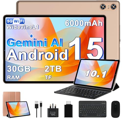 Biegedy 2026 Newest Tablet 10 Inch Android 15, Gemini AI, 30GB RAM + 2TB TF, 6000mAh,Octa-Core,Widevine L1,WiFi 6,5 MP + 8 MP,1280 * 800 Pixels,GMS,Bluetooth 5.0, Tablet with Keyboard and Mouse - Gold