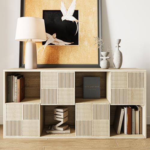 BursDany Bibliothèque 8 Cubes avec 4 Portes – Meuble de Rangement Multifonction, Étagère sur Pied pour Salon, Chambre, Bureau, Naturel 125x30x60 cm