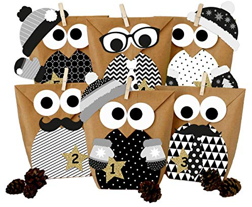 Papierdrachen DIY Adventskalender zum Befüllen - Weihnachtseulen - Eulen Weihnachten - Set Schwarz weiß mit zusätzlichen Aufklebern - zum selbst basteln - für Kinder und Erwachsene