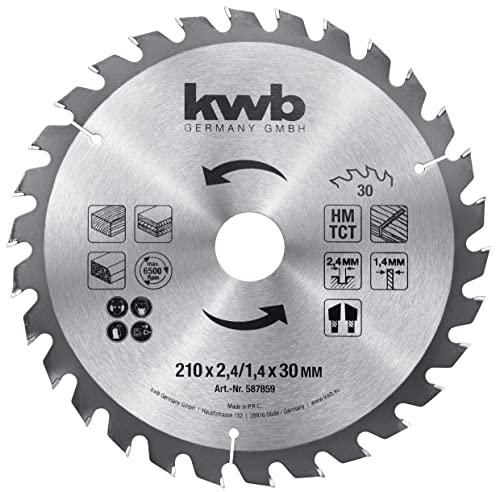 kwb Kreissägeblatt 210 x 30 mm, schneller Schnitt, mittlere Güte, Sägeblatt geeignet für Weich- und Hartholz, Tischlerplatten und Spanplatten