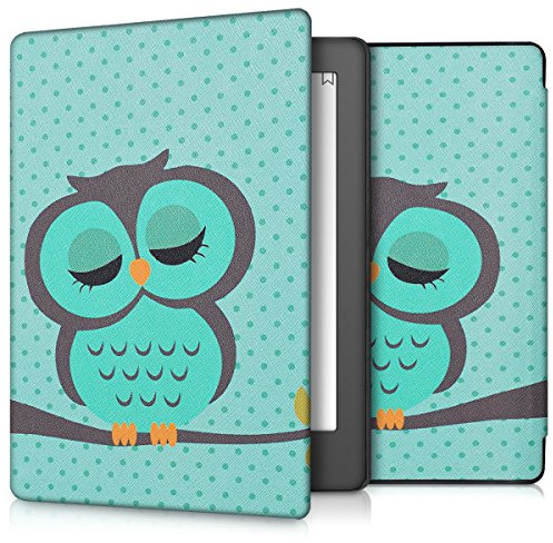 kwmobile Schutzhülle für Kobo Aura H2O Edition 2 Hülle - eReader Flip Case mit Auto Sleep Funktion - Eule Schlaf mit Türkis Braun Mintgrün