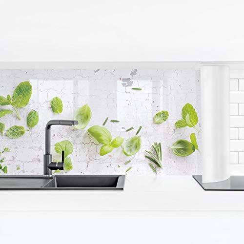 Bilderwelten Küchenrückwand Folie Glänzend 60x210 cm Kräuter auf Holz Shabby Spritzschutz Fliesenspiegel Küche-Rückwand Motiv Klebefolie