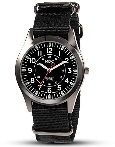 Infantry MDC Montre militaire à quartz analogique pour homme 12/24 heures avec bracelet OTAN, Noir , Sangle