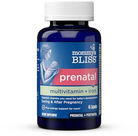 Mommy's Bliss Prenatal Multivitamin with Iron and Folic Acid, Supports Baby Development + Mom Immune System & Energy Levels w/ B Vitamins & Probiotics, Vegan & Gluten Free (45 Servings)