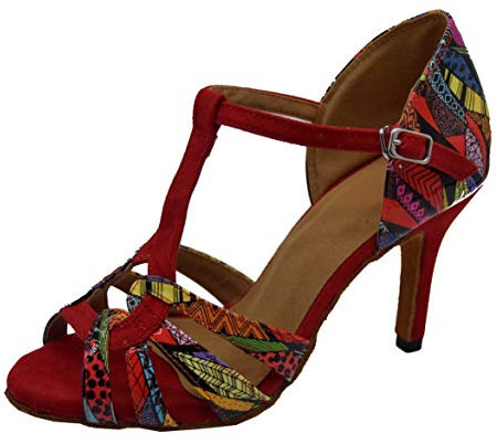 SHUTUP.DANCE Scarpe da ballo latino da donna con tacco a T e suola in gomma morbida o suola in gomma per sala da ballo tango salsa viola 3 UK, Rosso, 36 EU