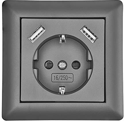 Schutzkontakt-Steckdose mit 2 x USB-Anschluss Typ A + A 2800mA Anthrazit Schuko Steckdose Unterputz Wandsteckdose Ladegerät