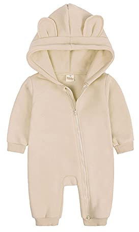 Alunsito Baby Jungen Mädchen Mit Kapuze Overall Solide Langarm Strampler Herbst Einteiliger Bodysuit Outfits Overall Beige 59 0-3 Monate